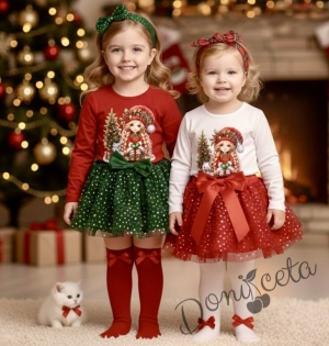 Комплект за момиче от 2 части-пола от тюл в зелено и блуза с дълъг ръкав в червено с картинка с момиченце с коте