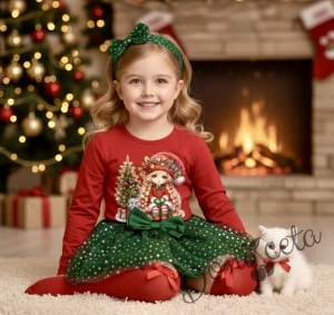 Комплект за момиче от 2 части-пола от тюл в зелено и блуза с дълъг ръкав в червено с картинка с момиченце с коте