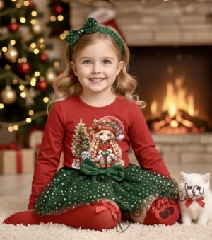 Комплект за момиче от 2 части-пола от тюл в зелено и блуза с дълъг ръкав в червено с картинка с момиченце с коте