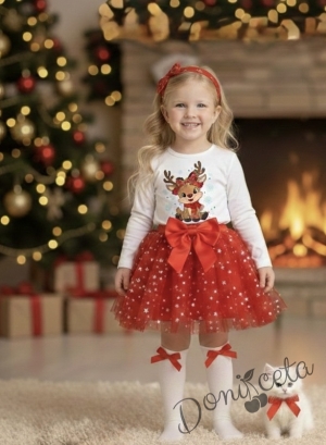 Комплект за момиче от 2 части-пола от тюл в червено и блуза с дълъг ръкав в бяло с картинка с еленче