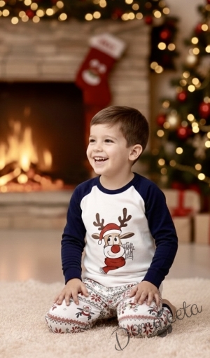 Коледна детска пижама Карена в бяло и тъмносиньо с картинка на еленче и долнище с коледни мотиви