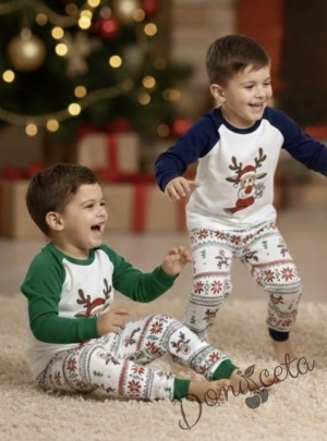 Коледна детска пижама Карена в бяло и тъмносиньо с картинка на еленче и долнище с коледни мотиви