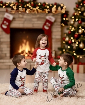 Коледна детска пижама Карена в бяло и червено с картинка на еленче и долнище с коледни мотиви