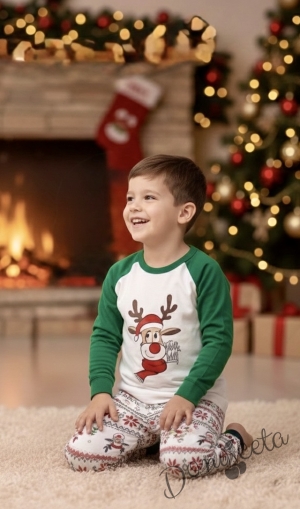Коледна детска пижама Карена в бяло и зелено с картинка на еленче и долнище с коледни мотиви