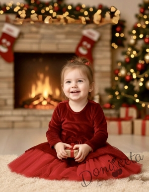 Детска плюшена рокля  Надежда с дълъг ръкав и тюл в червено с блясък