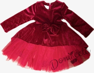 Детска плюшена рокля  Надежда с дълъг ръкав и тюл в червено с блясък