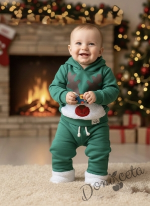 Ватиран коледен детски комплект от блузка и панталон в зелено с плюшени акценти