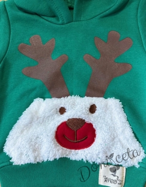 Ватиран коледен детски комплект от блузка и панталон в зелено с плюшени акценти