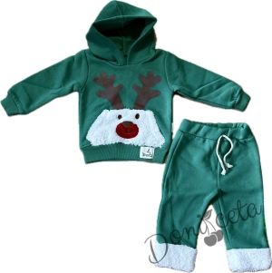 Ватиран коледен детски комплект от блузка и панталон в зелено с плюшени акценти