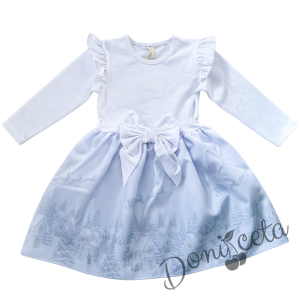 Детска коледна рокля в бяло с къдрички, панделка и зимни къщички 