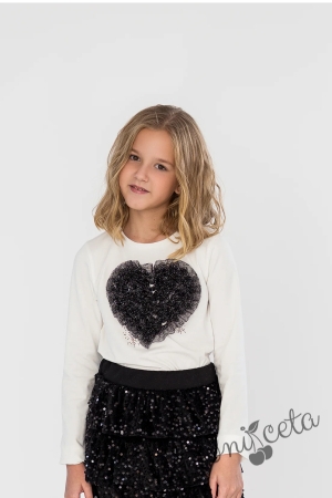 Комплект за момиче от 2 части от блуза за момиче с дълъг ръкав в екрю със сърце от тюл в черно и пола от тюл в черно с пайети Contrast