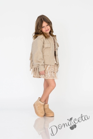 Комплект за момиче от 2 части от блуза за момиче с дълъг ръкав в екрю със сърце от тюл в бежово и пола от тюл в бежово с пайети Contrast