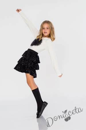 Детска блуза за момиче с дълъг ръкав в екрю със сърце от тюл в черно Contrast