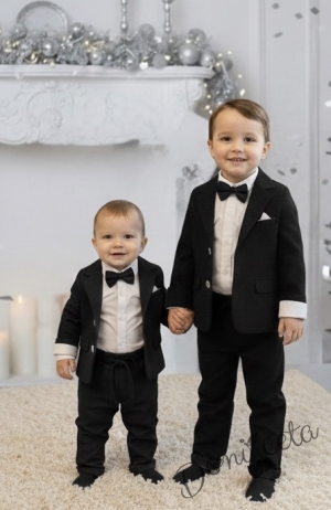 Комплект за момче 4 части в черно- сако, панталон, риза в бяло и папийонка