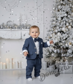 Бебешки плътен официален комплект от 4 части за момче-сако в синьо, боди-риза в бяло и панталон в синьо с папийонка
