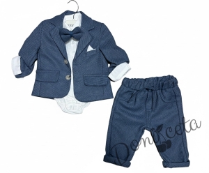 Бебешки плътен официален комплект от 4 части за момче-сако в синьо, боди-риза в бяло и панталон в синьо с папийонка