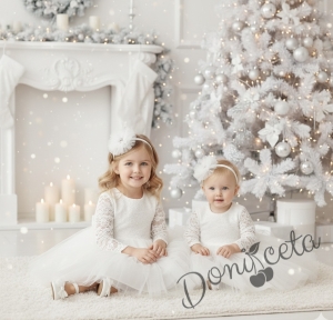 Официална детска рокля в  снежнобяло Крис с дълъг ръкав в  с тюл и дантела