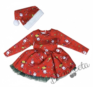 Детска коледна рокля с дълъг ръкав в червено с коледна шапка и зелен тюл отдолу