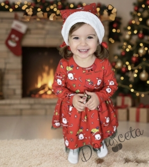 Детска коледна рокля с дълъг ръкав в червено с коледна шапка и зелен тюл отдолу