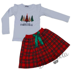 Коледен комплект за момиче от пола каре в червено и блузка в бяло с елхички 1