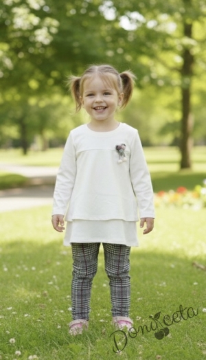 Комплект от блузка в екрю с дълъг ръкав и кариран панталон за момиче