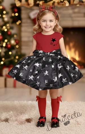 Официална детска рокля с къс ръкав на звездички в черно и червено
