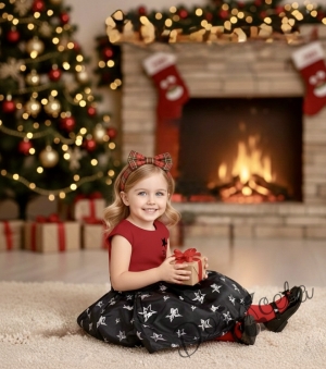 Официална детска рокля с къс ръкав на звездички в черно и червено