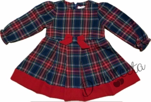 Детска рокля с дълъг ръкав Карена в червено каре с червена лента в долната част и панделка