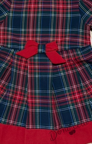 Детска рокля с дълъг ръкав Карена в червено каре с червена лента в долната част и панделка