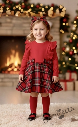 Детска рокля с дълъг ръкав в червено със стилно каре в долната част с панделки Карена