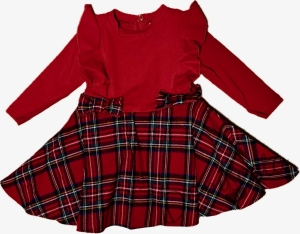 Детска рокля с дълъг ръкав в червено със стилно каре в долната част с панделки Карена