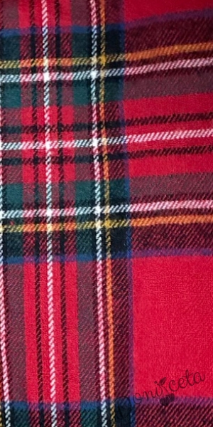 Детска рокля с дълъг ръкав в червено със стилно каре в долната част с панделки Карена