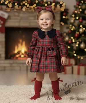 Детска рокля с дълъг ръкав в червено каре с чантичка с панделка