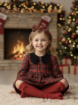 Детска рокля с дълъг ръкав в червено каре с чантичка с панделка