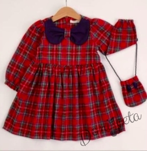 Детска рокля с дълъг ръкав в червено каре с чантичка с панделка