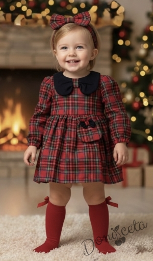 Детска рокля с дълъг ръкав в червено каре с чантичка с панделка