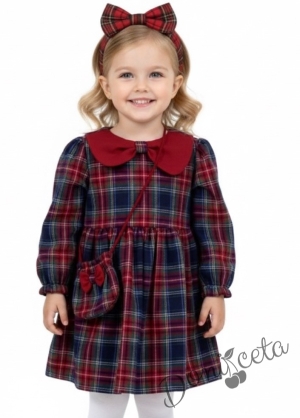 Детска рокля с дълъг ръкав в червено каре с чантичка с панделки Карена