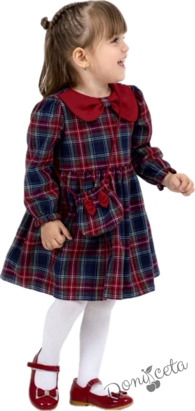 Детска рокля с дълъг ръкав в червено каре с чантичка с панделки Карена