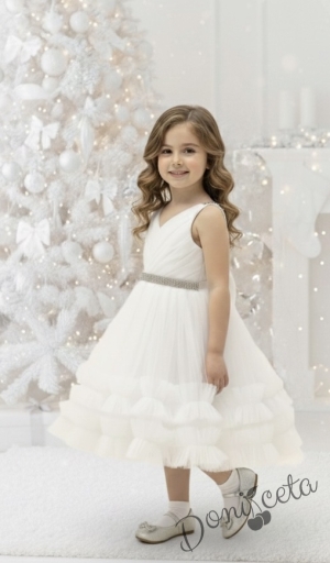 Официална детска/бебешка рокля в бяло с тюл и панделка Тиана