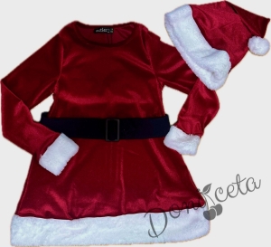 Детска коледна плюшена рокля в червено с колан Каролин и коледна шапка