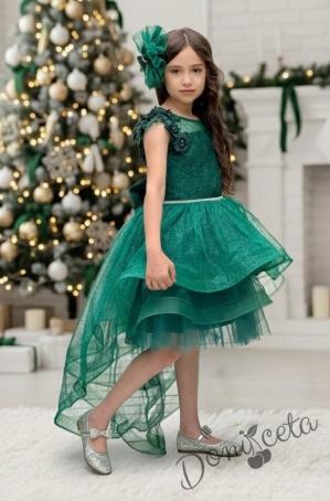 Официална детска рокля в зелено от дантела без ръкав със шлейф Шантал с аксесоар за коса