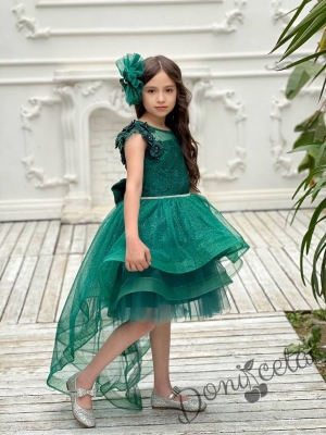 Официална детска рокля в зелено от дантела без ръкав със шлейф Шантал с аксесоар за коса