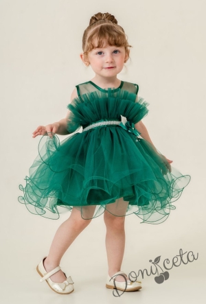 Празнична детска къса рокля Хейли в зелено с тюл без ръкав от колекция Зелениада