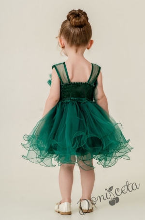 Празнична детска къса рокля Хейли в зелено с тюл без ръкав от колекция Зелениада