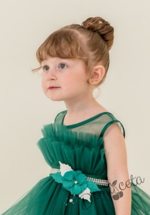 Празнична детска къса рокля Хейли в зелено с тюл без ръкав от колекция Зелениада