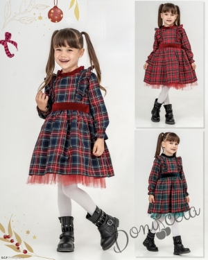 Коледна рокля Мир с дълъг ръкав и якичка в зелено със зелено и червено каре, зелен тюл и панделка на гърба Карена