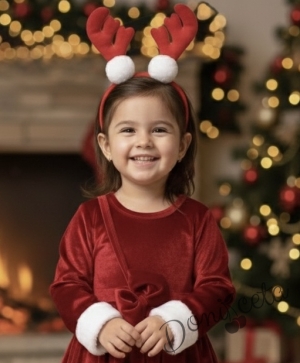 Коледна бебешка/детска рокля в червено с панделка и плюш