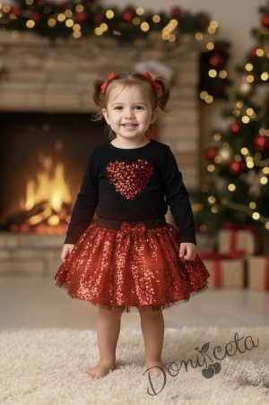 Комплект от 2 части-детска пола в червено с пайети и блузка с дълъг ръкав в черно със сърце от пайети