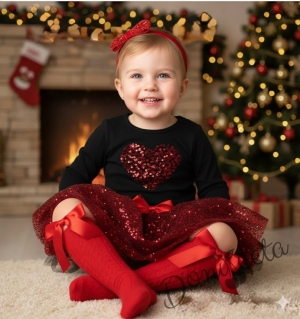 Комплект от 2 части-детска пола в червено с пайети и блузка с дълъг ръкав в черно със сърце от пайети