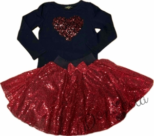 Комплект от 2 части-детска пола в червено с пайети и блузка с дълъг ръкав в черно със сърце от пайети